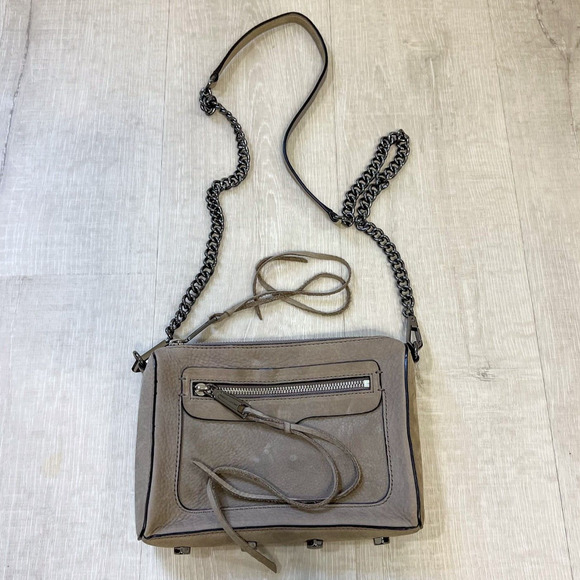 Rebecca Minkoff Avery Gray Tan Leather Suede Zip Crossbody Shoulder Bag Clutch - Picture 2 of 12